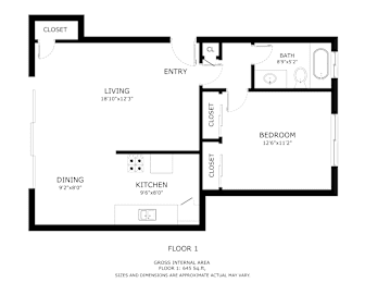 A black and white image of a floor plan for a one bedroom apartment.