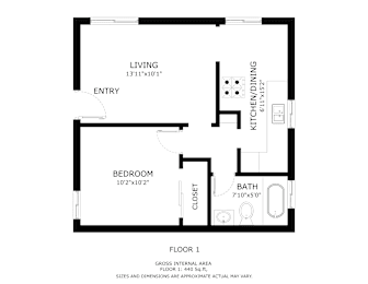 A black and white image of a floor plan for a small apartment.