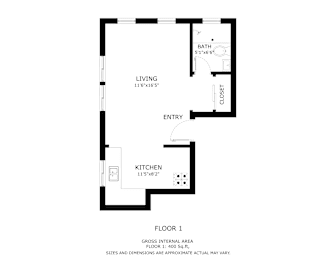 A black and white image of a floor plan for a one bedroom apartment.