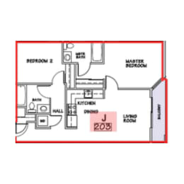 A floor plan of a house with a living room, two bedrooms, a kitchen, and a dining area.
