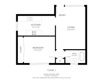 A black and white image of a floor plan for a one bedroom apartment.
