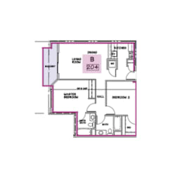 A floor plan of a house with a living room, two bedrooms, a kitchen, and a bathroom.