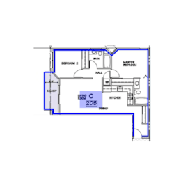 A blueprint of a house with a living room, kitchen, dining room, and two bedrooms.