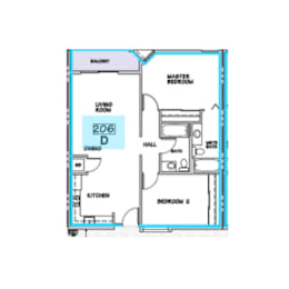 A blueprint of a house with a living room, kitchen, and two bedrooms.
