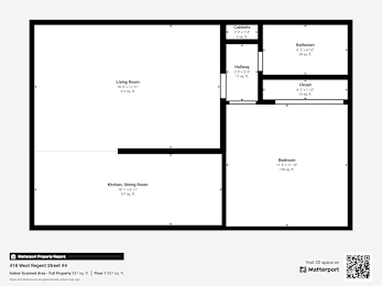 A floor plan of a property with a living room, kitchen, bathroom, hallway, closet, and bedroom.