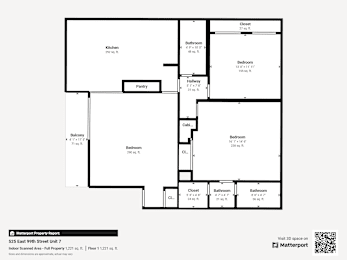 A floor plan of an apartment with a kitchen, pantry, and three bedrooms.