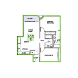 A floor plan of a home with a living room, dining room, kitchen, two bedrooms, a bathroom, and a balcony.