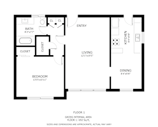 A black and white floor plan of a one bedroom apartment.