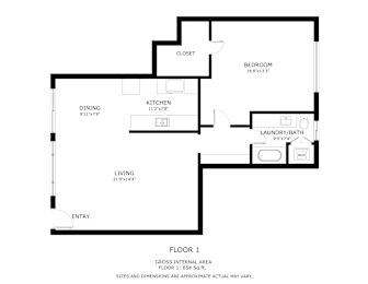 A black and white image of a Floor Plan for a one bedroom apartment.
