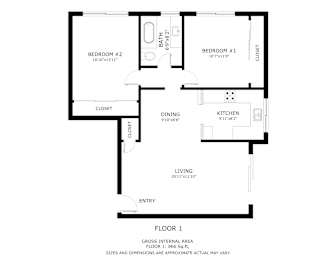 A black and white image of a floor plan for a one bedroom apartment.