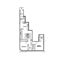 A floor plan of a house with a living room, dining room, kitchen, and two bedrooms.