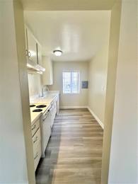 A kitchen with white cabinets and a window.