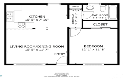 A floor plan of a small apartment with a kitchen, living room/dining room, bedroom, and bathroom.