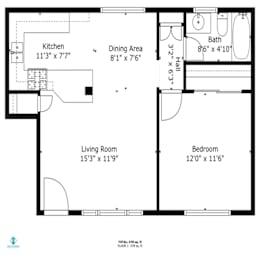 A floor plan of a small apartment with a kitchen, living room, dining area, bathroom, and two bedrooms.