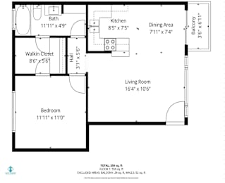 A floor plan of a house with a living room, dining area, kitchen, bath, and bedroom.