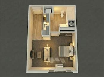 A top-down view of a small, modern apartment with a kitchen, living room, and bathroom.