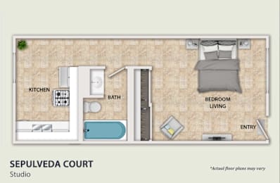 A floor plan of a studio apartment with a kitchen, bath, bedroom, and living room.