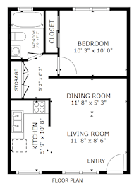 A floor plan of a small apartment with a bedroom, living room, kitchen, and storage area.