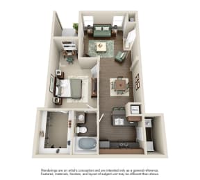 a 3d floor plan with a bedroom and a living room