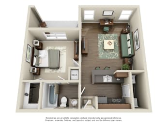 a 3d rendering of a 1 bedroom floor plan with a bathroom and a balcony