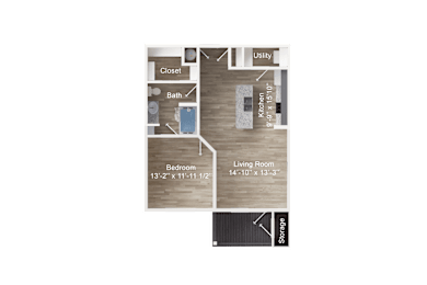 One-bedroom apartment entry into kitchen with island and utility closet, opening to living room with balcony and storage, hallway to bedroom, bathroom, and walk-in closet.