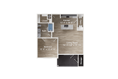 One-bedroom apartment entry into kitchen with island and utility, opening to living room with balcony and storage, with bedroom, bathroom, and closet off the main living area.