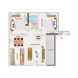 A floor plan of a house with a living room, dining room, kitchen, and two bedrooms.