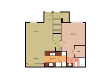 A floor plan of a house with a living room, dining room, kitchen, bedroom, bathroom and foyer.