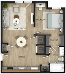 A floor plan of a house with a living room, kitchen, bedroom, bathroom, closet, and two mechs.