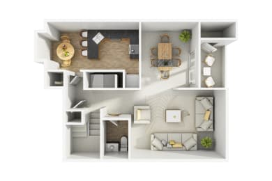 a stylized floor plan with a bedroom and a living room