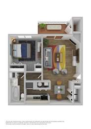 A 3D floor plan of a furnished apartment.