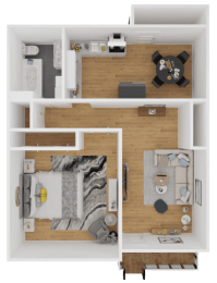 a rendering of a 1 bedroom floor plan with a bathroom and a living room