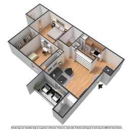3d floor plan of a home with a bedroom and a living room