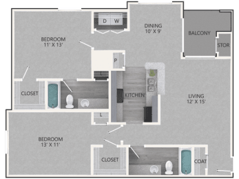 2 Bedroom/2 Bathroom Floor Plan
