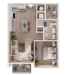 A top-down view of a small apartment layout with a kitchen, living room, and bathroom.