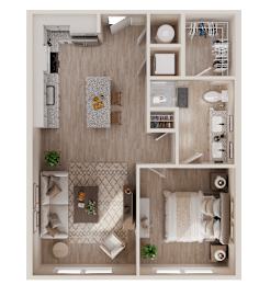 A top-down view of a well-organized apartment with a living room, kitchen, and bedroom.