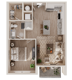A top-down view of a small apartment with a bedroom, living room, and kitchen.