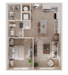 A top-down view of a small apartment with a kitchen, living room, and bathroom.