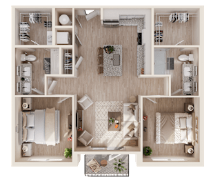 A top-down view of a well-organized apartment layout.