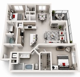A 3D floor plan of a house with labeled rooms.