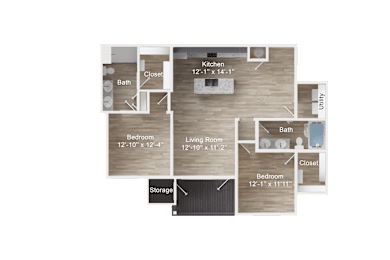 2-bedroom apartment entry next to utility closet, into kitchen with island, dual vanity bathroom, and living room, which leads to balcony with storage closet. Bedroom 1 with walk-in closet. Bedroom 2 with private dual vanity bath and walk-in closet.