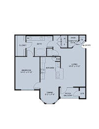 A floor plan of a small apartment with a living room, bedroom, and kitchen.