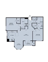 A floor plan of a house with a master bedroom, two bathrooms, a kitchen, a dining room, a living room, and a patio/balcony.