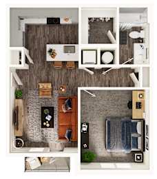 A top-down view of a small apartment with a kitchen, living room, and bedroom.