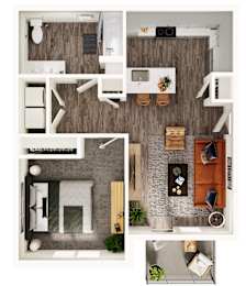 A top-down view of a modern apartment layout with a kitchen, living room, and bedroom.