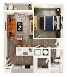 A series of images showing different layouts of a bedroom, living room, and kitchen.