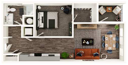 A top-down view of a modern living room with a couch, coffee table, and a TV.