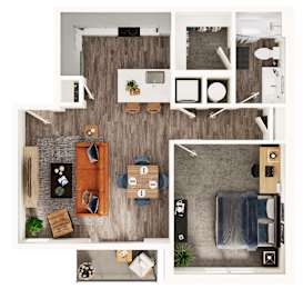 A top-down view of a living room with a couch, coffee table, and a TV.
