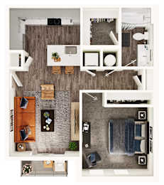 A top-down view of a living room with a couch, a coffee table, and a television.