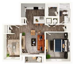 A top-down view of a modern apartment layout with a kitchen, living room, and bedroom.